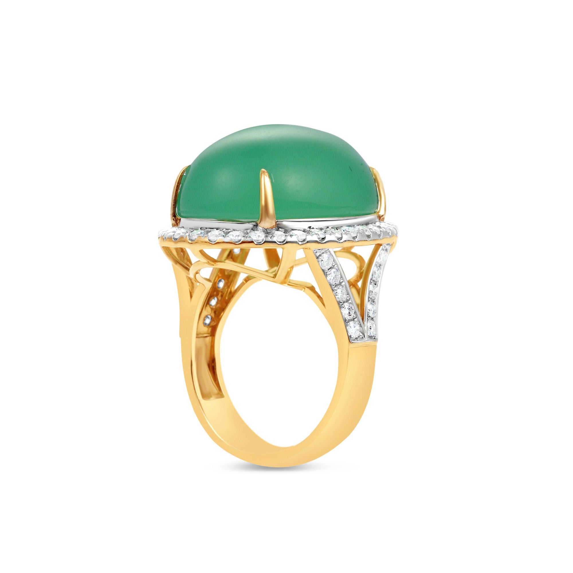 Luxurious 18K yellow gold halo ring featuring a luminous hand-carved chrysoprase cabochon, elegantly framed by brilliant-cut diamonds, blending natural beauty with timeless sophistication. Side view, close up.