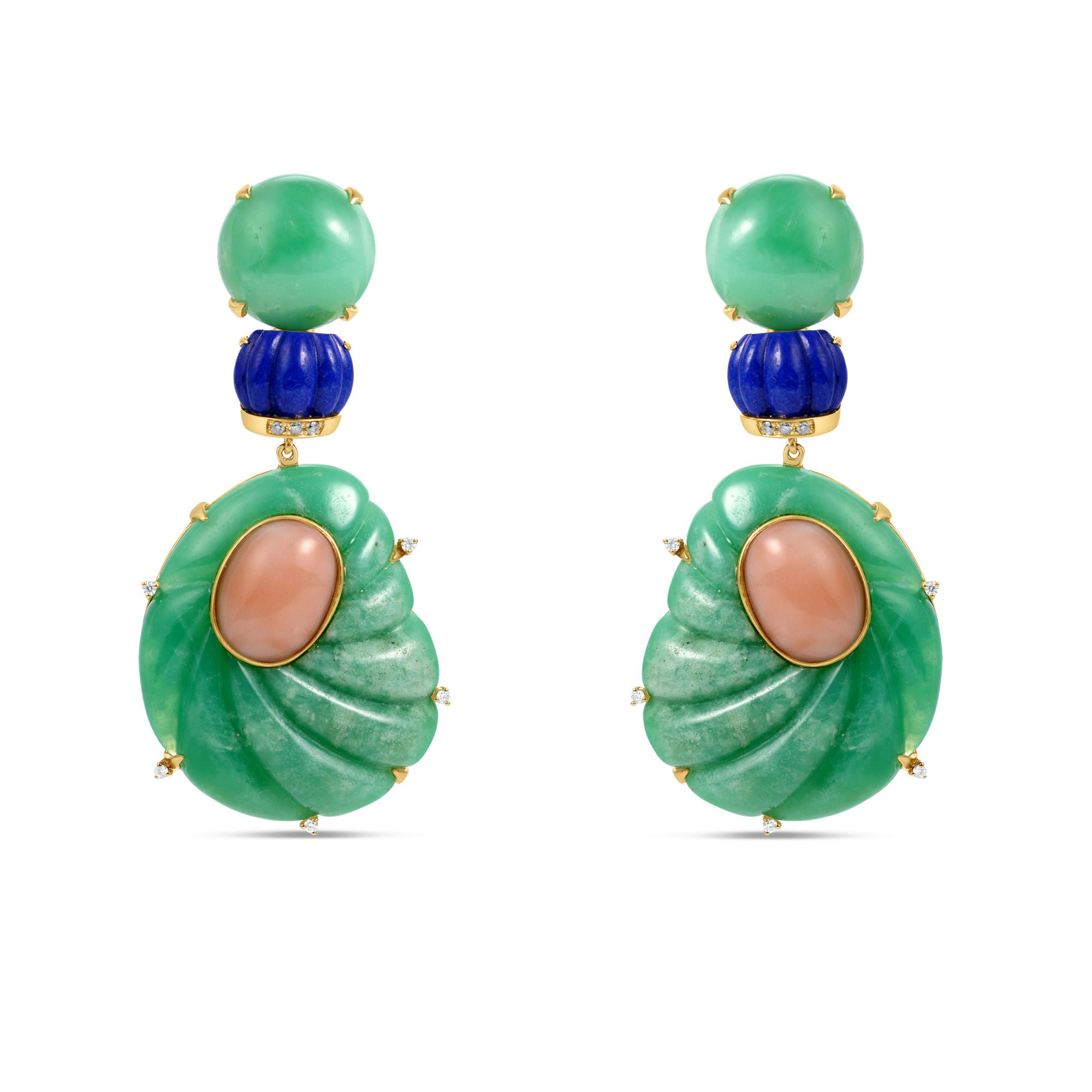 Stunning 18K yellow gold Art Deco-inspired drop earrings featuring hand-carved chrysoprase, deep blue lapis, and smooth pink coral cabochons, accented with delicate diamonds for a blend of vintage glamour and contemporary elegance.