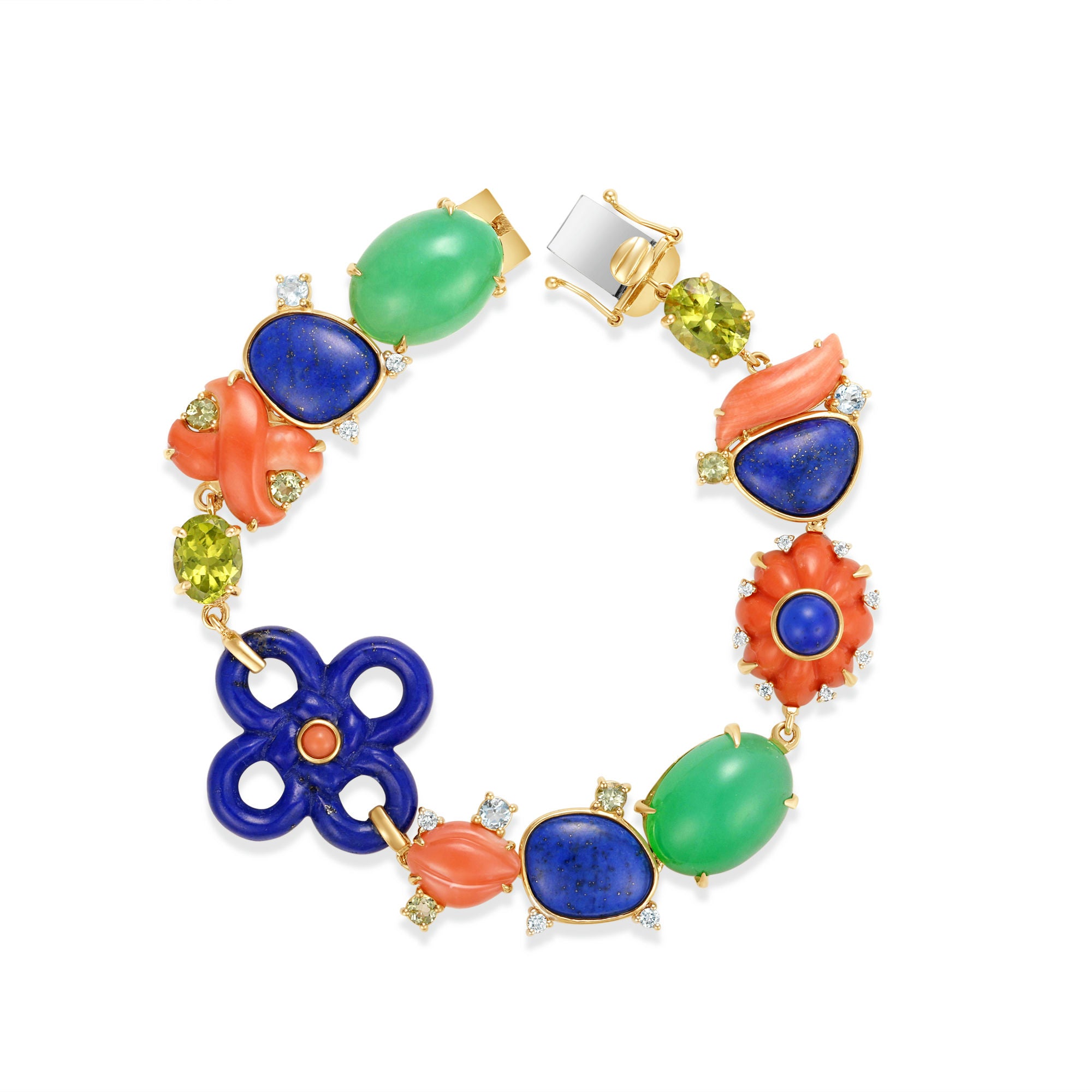 Exquisite 18K yellow gold mixed gemstone bracelet featuring a vibrant medley of hand-carved lapis, peridot, aquamarine, coral, and chrysoprase, accented with delicate diamonds for added brilliance and artistic luxury.