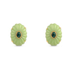 Exquisite 18K yellow gold convertible earrings featuring hand-carved malachite drops, vibrant lemon jasper clusters, and sparkling diamond accents, offering the versatility of a refined stud or a bold statement drop earring. As bold stud.