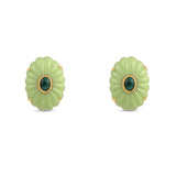 Exquisite 18K yellow gold convertible earrings featuring hand-carved malachite drops, vibrant lemon jasper clusters, and sparkling diamond accents, offering the versatility of a refined stud or a bold statement drop earring. As bold stud.