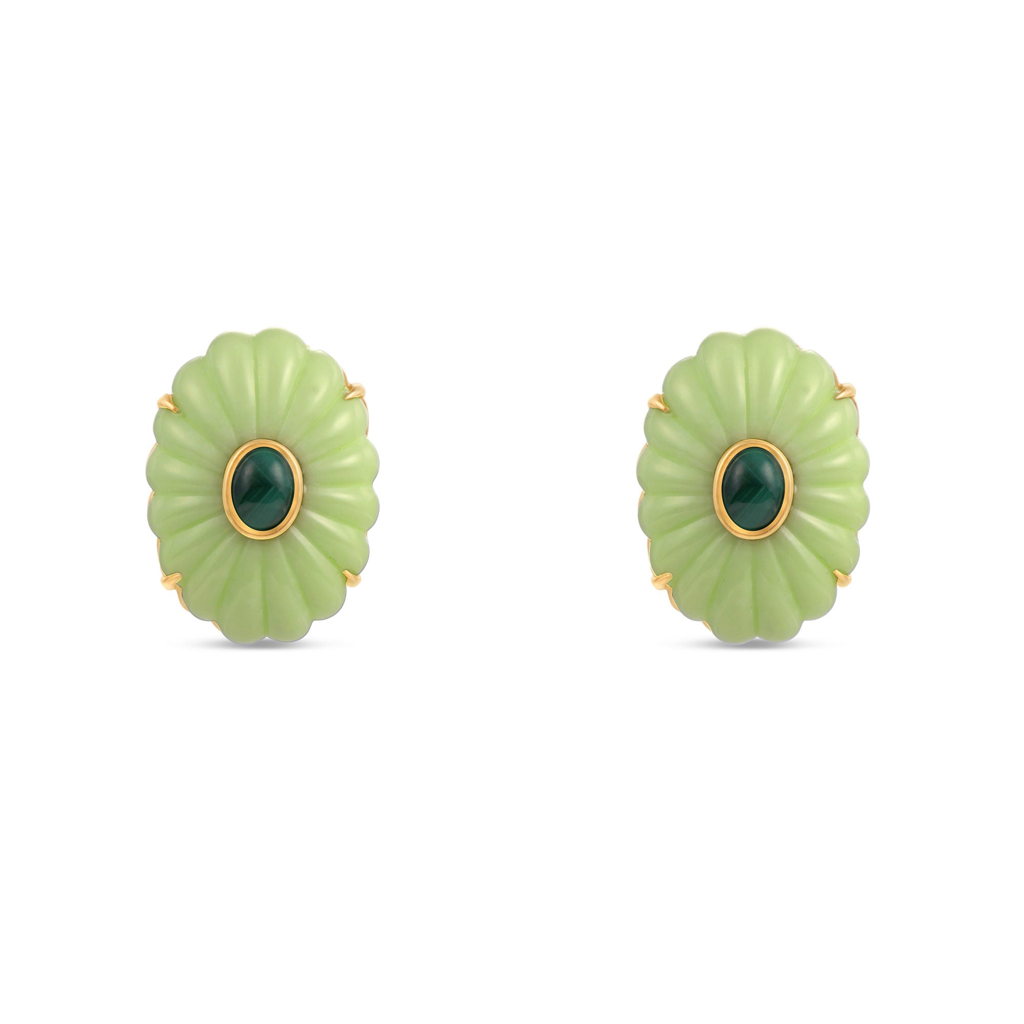 Exquisite 18K yellow gold convertible earrings featuring hand-carved malachite drops, vibrant lemon jasper clusters, and sparkling diamond accents, offering the versatility of a refined stud or a bold statement drop earring. As bold stud.