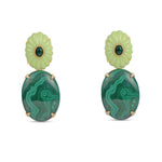 Exquisite 18K yellow gold convertible earrings featuring hand-carved malachite drops, vibrant lemon jasper clusters, and sparkling diamond accents, offering the versatility of a refined stud or a bold statement drop earring. As full earring.