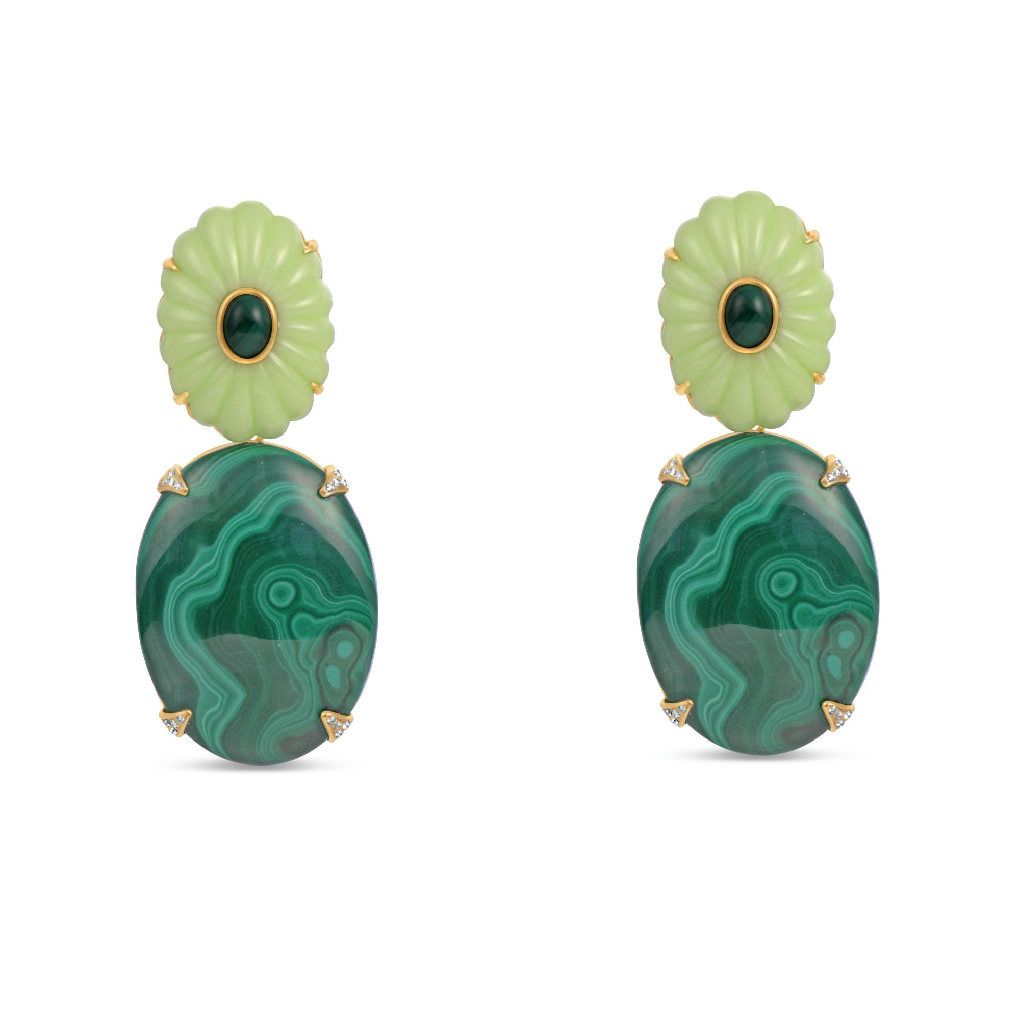 Exquisite 18K yellow gold convertible earrings featuring hand-carved malachite drops, vibrant lemon jasper clusters, and sparkling diamond accents, offering the versatility of a refined stud or a bold statement drop earring. As full earring.