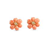 Elegant 18K yellow gold cherry blossom clip-on earrings featuring delicately hand-carved pink coral petals, accented by a brilliant cluster of diamonds, celebrating nature’s beauty with timeless sophistication.  Front view. 