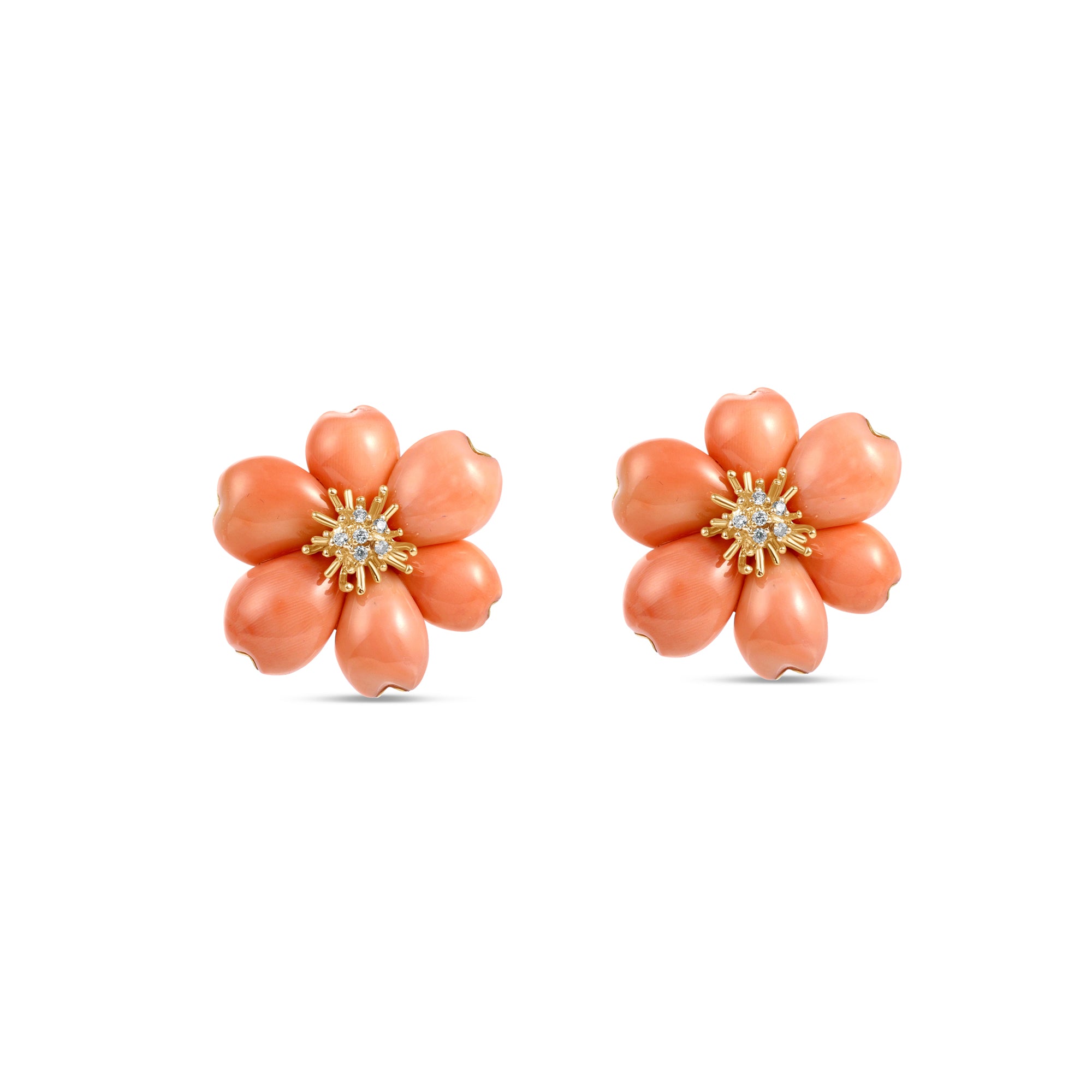 Elegant 18K yellow gold cherry blossom clip-on earrings featuring delicately hand-carved pink coral petals, accented by a brilliant cluster of diamonds, celebrating nature’s beauty with timeless sophistication.  Front view. 