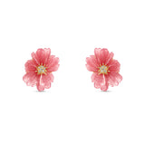 Exquisite 18K yellow gold peony clip-on earrings featuring meticulously hand-carved rhodochrosite petals in soft pink hues, accented by a sparkling diamond cluster for timeless floral elegance.