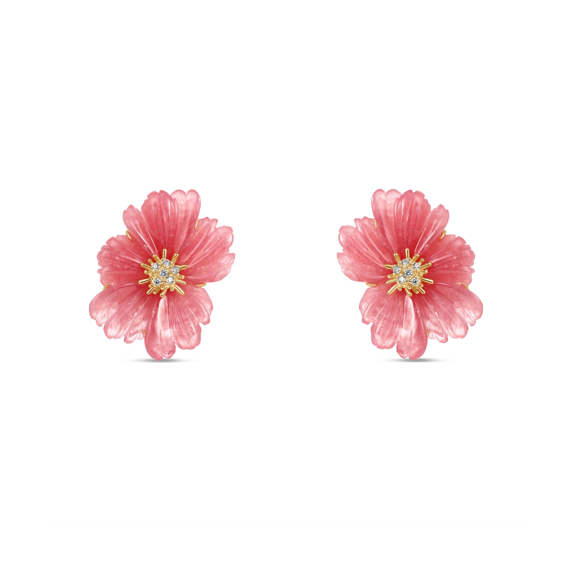 Exquisite 18K yellow gold peony clip-on earrings featuring meticulously hand-carved rhodochrosite petals in soft pink hues, accented by a sparkling diamond cluster for timeless floral elegance.