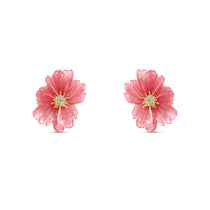 Exquisite 18K yellow gold peony clip-on earrings featuring meticulously hand-carved rhodochrosite petals in soft pink hues, accented by a sparkling diamond cluster for timeless floral elegance.