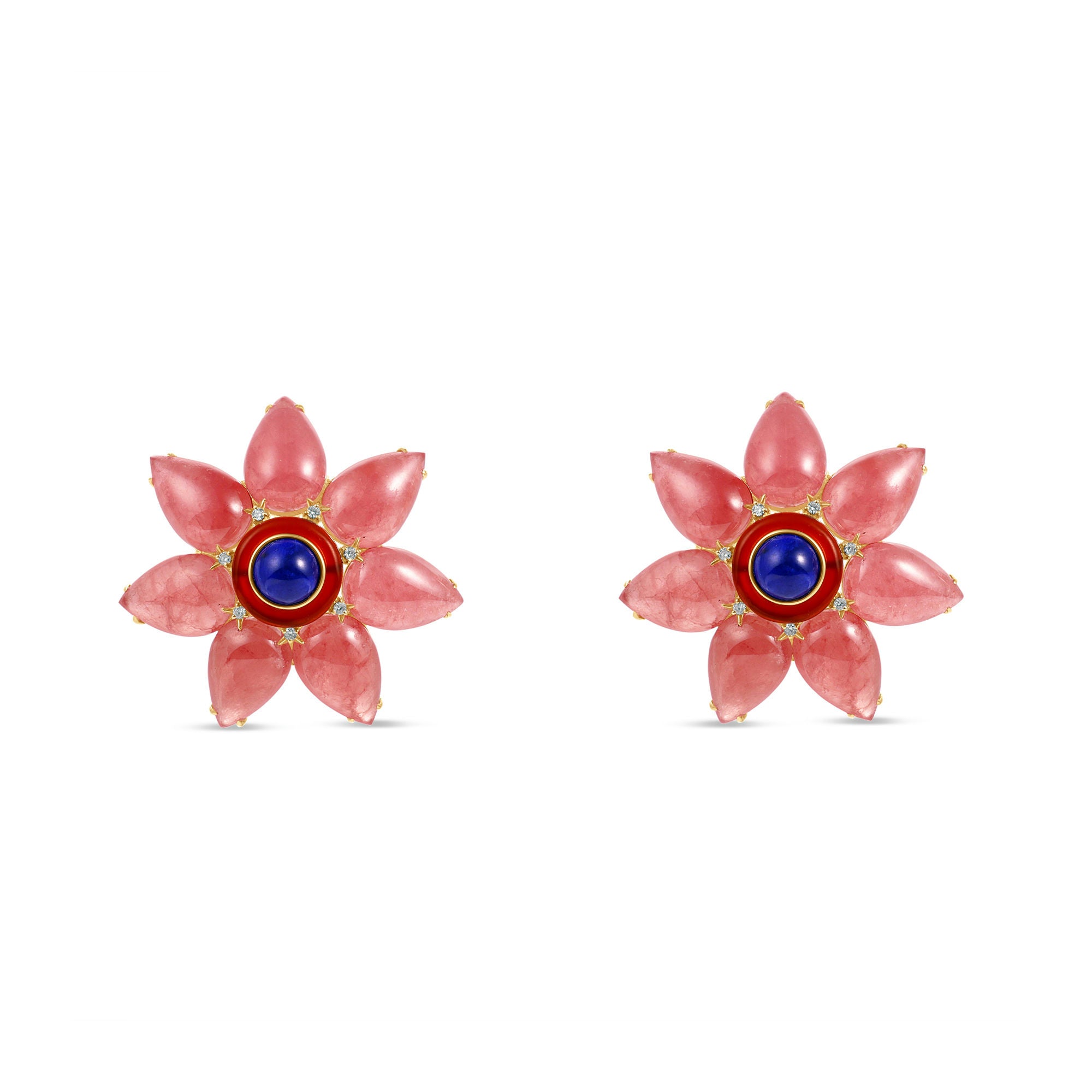 Striking 18K yellow gold starflower clip-on earrings featuring hand-carved rhodochrosite petals, a deep blue lapis center, and a warm red agate halo, accented with delicate diamonds for brilliance and fine craftsmanship.