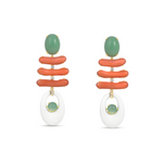 Striking 18K yellow gold retro drop earrings featuring a bold blend of hand-carved white agate, pink coral, and chrysoprase in a layered, architectural design, accented with delicate diamonds for a refined yet playful statement.