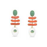 Striking 18K yellow gold retro drop earrings featuring a bold blend of hand-carved white agate, pink coral, and chrysoprase in a layered, architectural design, accented with delicate diamonds for a refined yet playful statement.