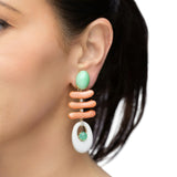 Striking 18K yellow gold retro drop earrings featuring a bold blend of hand-carved white agate, pink coral, and chrysoprase in a layered, architectural design, accented with delicate diamonds for a refined yet playful statement.