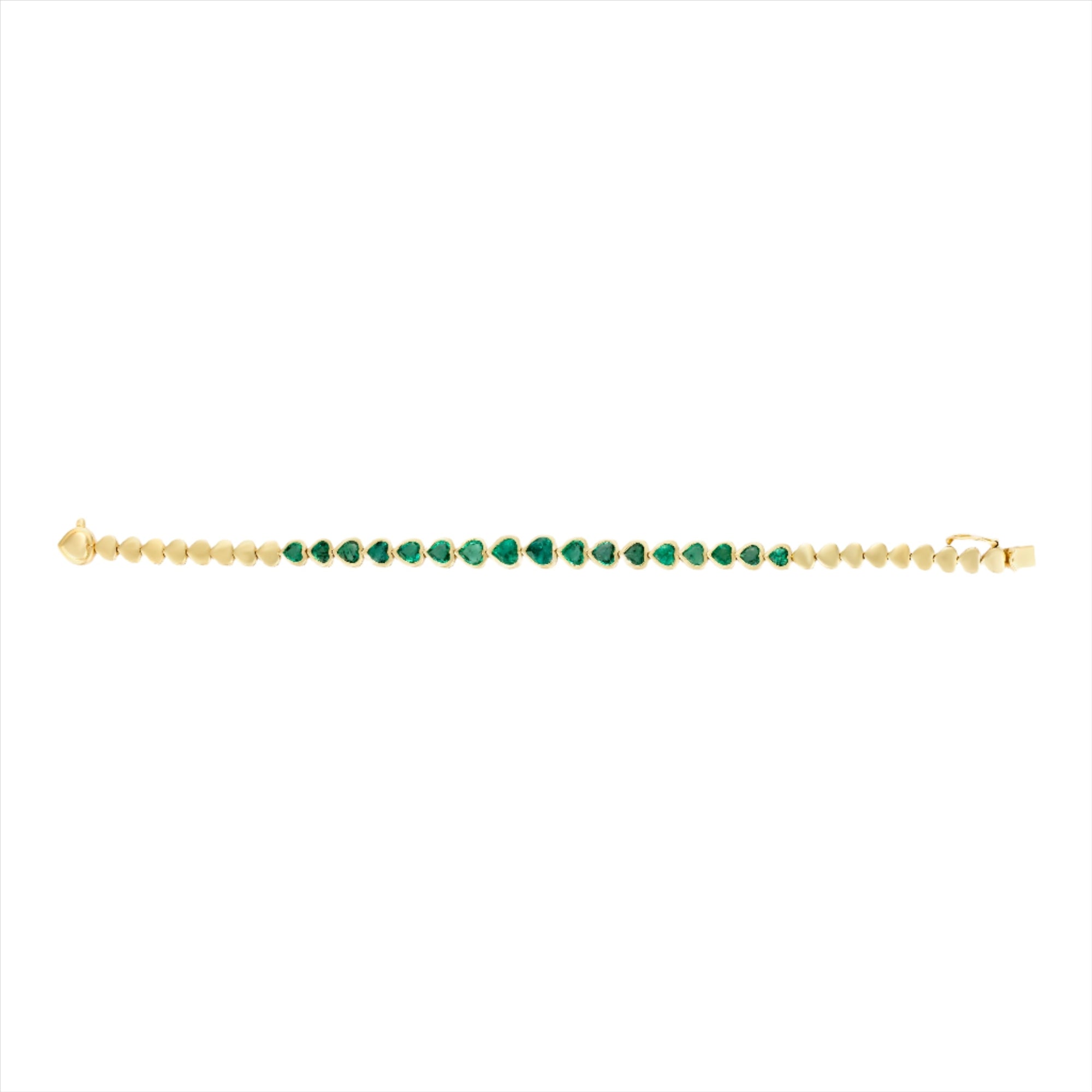 Romantic 14K yellow gold tennis bracelet featuring 3.54ct of heart-shaped emeralds bezel-set between polished gold beads. Total weight: 9.35g—a whimsical and elegant emerald bracelet design.