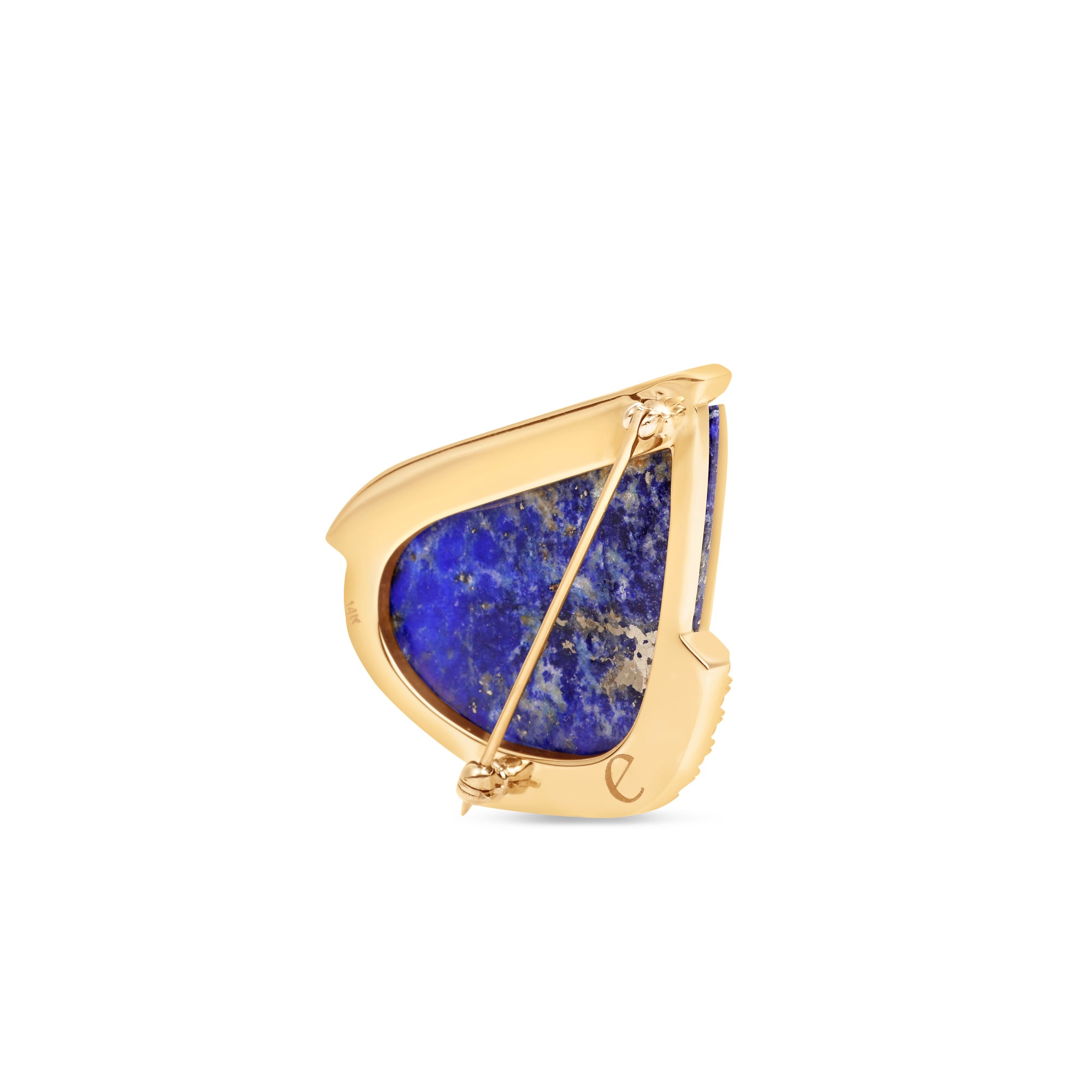 Commanding 14K yellow gold brooch featuring striking lapis-backed Bahia rutilated quartz with golden rutile inclusions, accented by natural diamonds for a bold statement of power and precision. Back close up. 