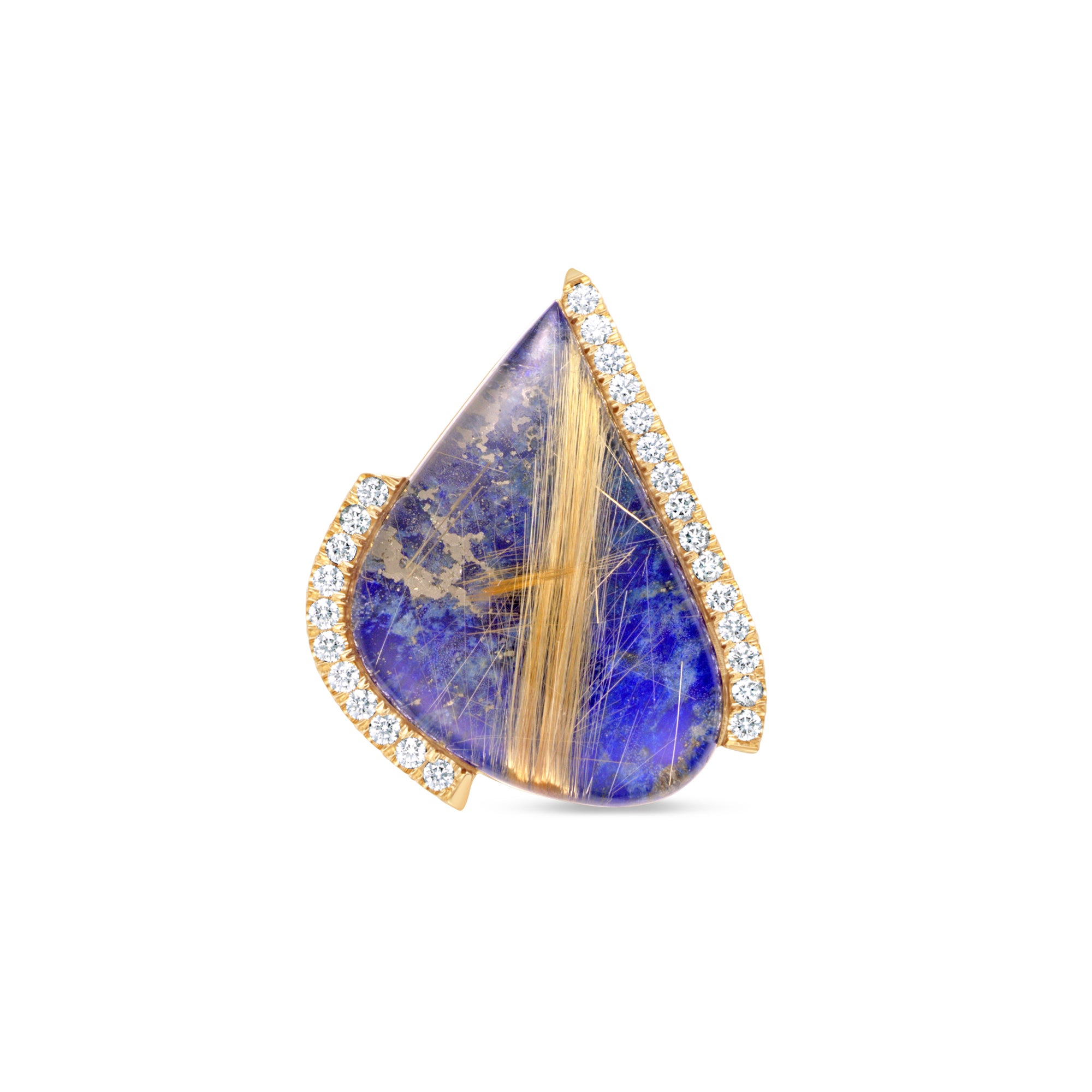 Commanding 14K yellow gold brooch featuring striking lapis-backed Bahia rutilated quartz with golden rutile inclusions, accented by natural diamonds for a bold statement of power and precision. Front close up. 
