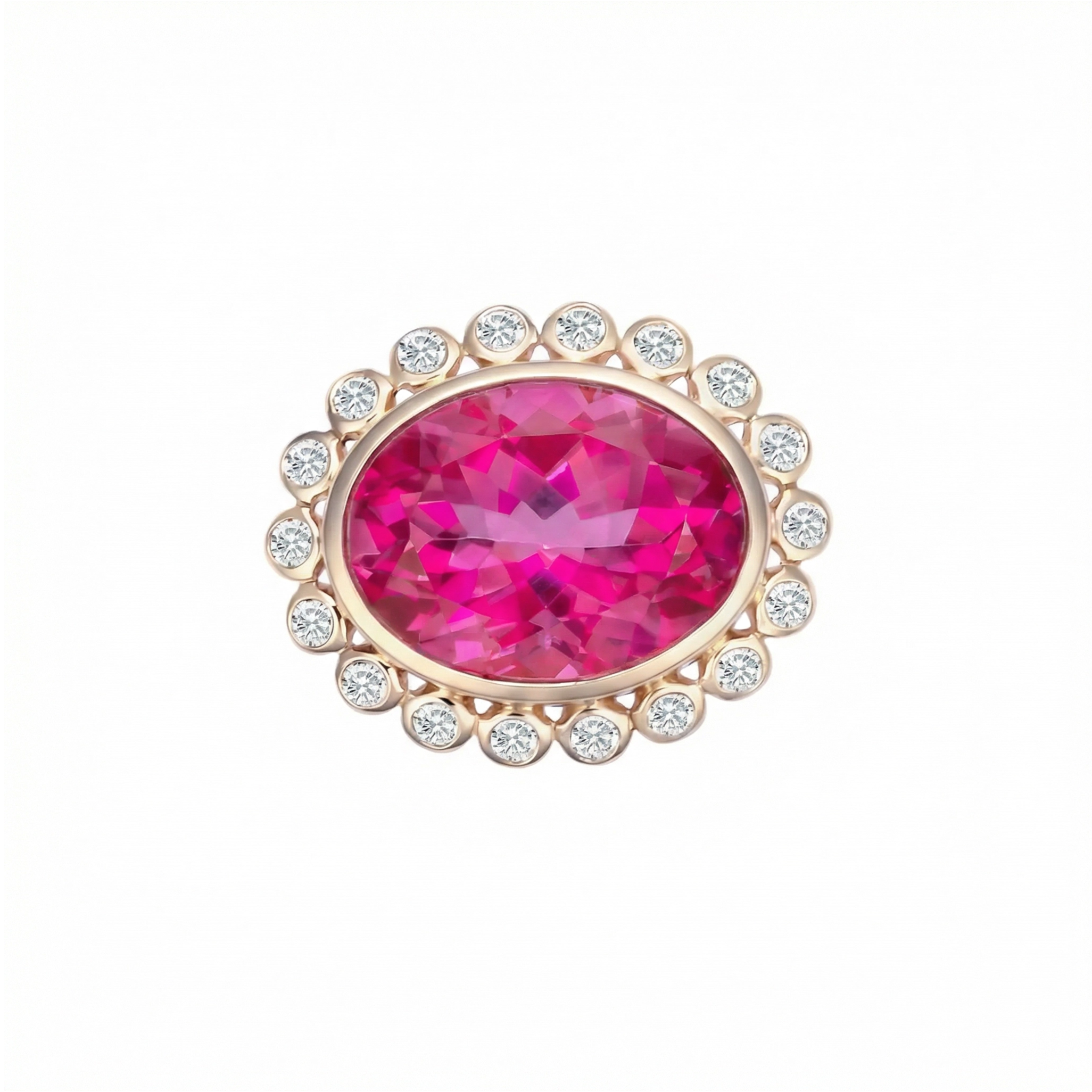 Hot pink topaz cocktail ring set in yellow gold with large round diamonds.