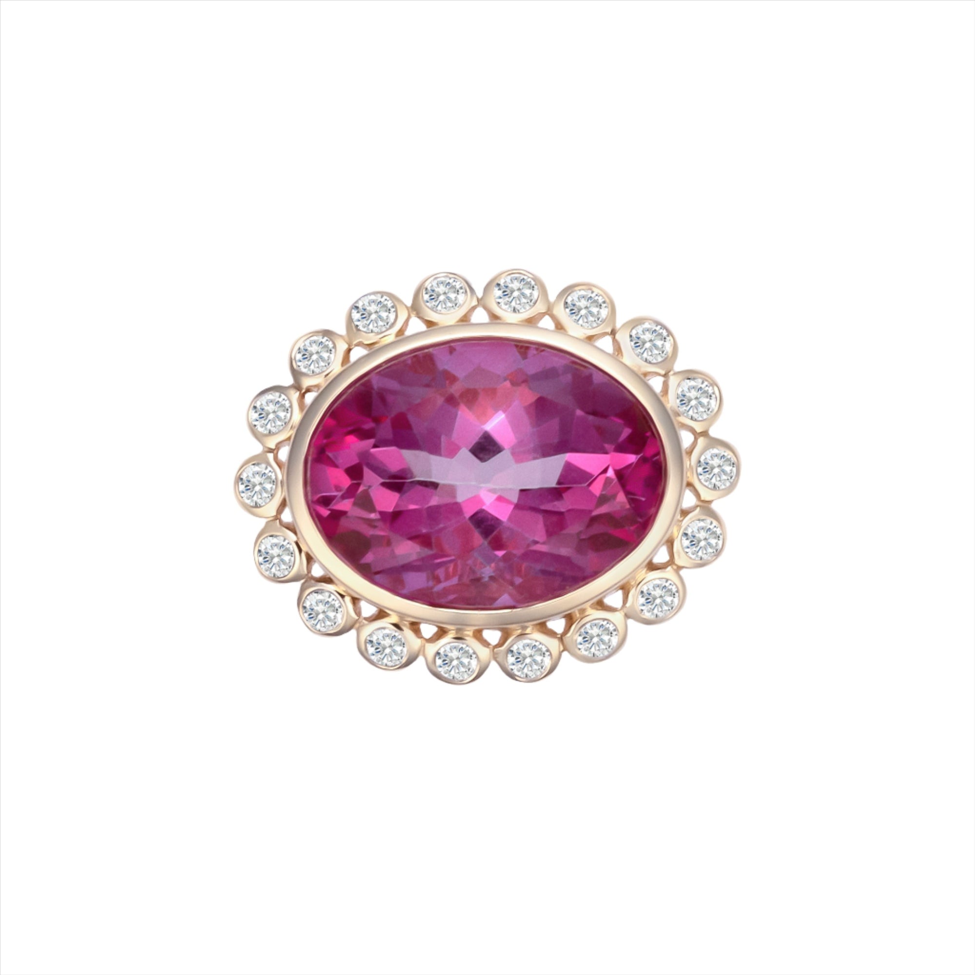 Bold 14K yellow gold cocktail ring featuring a vivid hot pink tourmaline center surrounded by a sparkling diamond halo in an elegant basket setting, designed to make a vibrant statement.