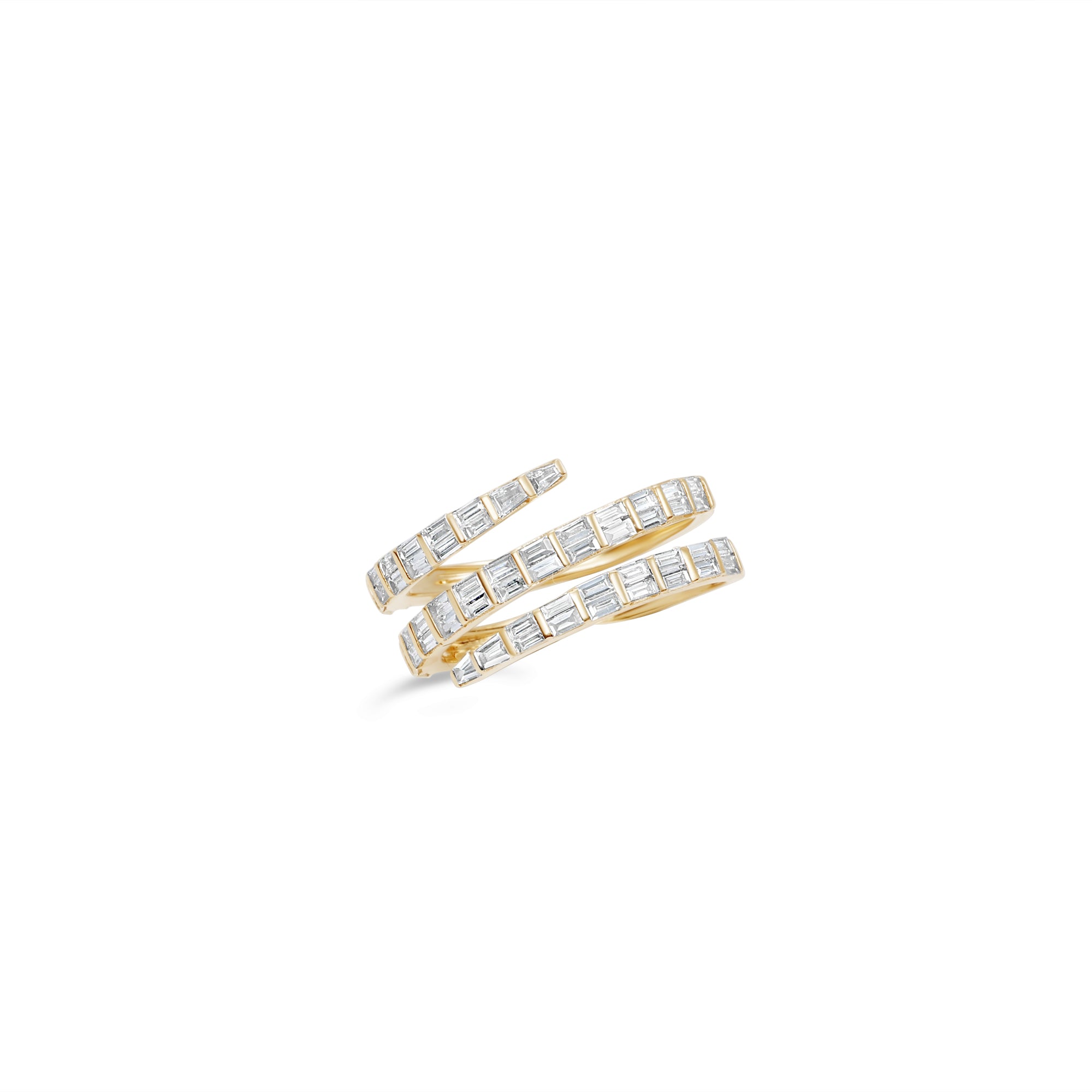 Modern wrap-around ring crafted in 14K yellow gold, featuring dazzling illusion-set baguette diamonds with clean lines and elegant craftsmanship, making it a versatile and stackable jewelry piece. Side angle front, close up.