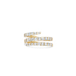 Modern wrap-around ring crafted in 14K yellow gold, featuring dazzling illusion-set baguette diamonds with clean lines and elegant craftsmanship, making it a versatile and stackable jewelry piece. Front view