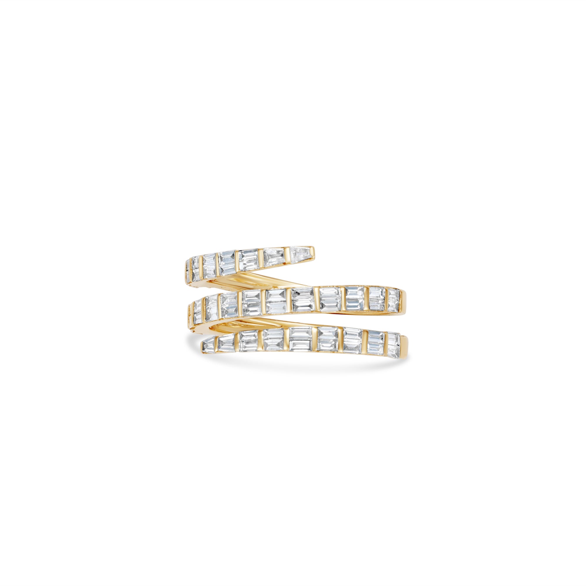 Modern wrap-around ring crafted in 14K yellow gold, featuring dazzling illusion-set baguette diamonds with clean lines and elegant craftsmanship, making it a versatile and stackable jewelry piece. Front view