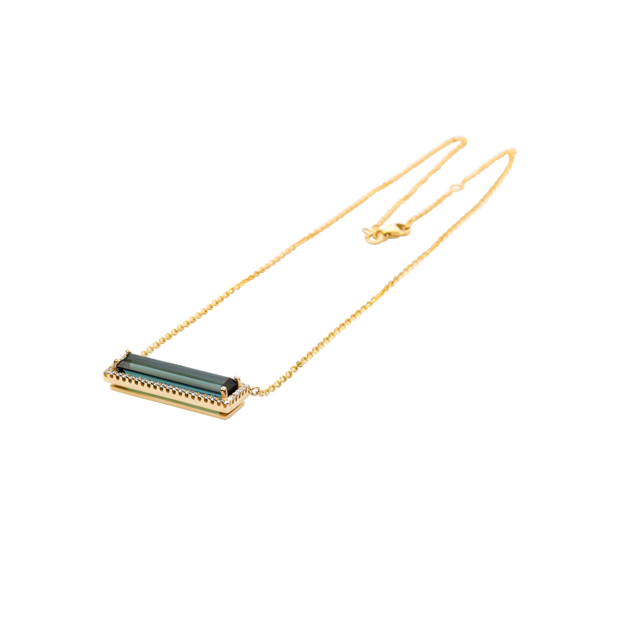 Exquisite 14K yellow gold bar necklace featuring a striking six-carat indicolite tourmaline, elegantly surrounded by a dazzling diamond halo for a timeless and eye-catching statement.