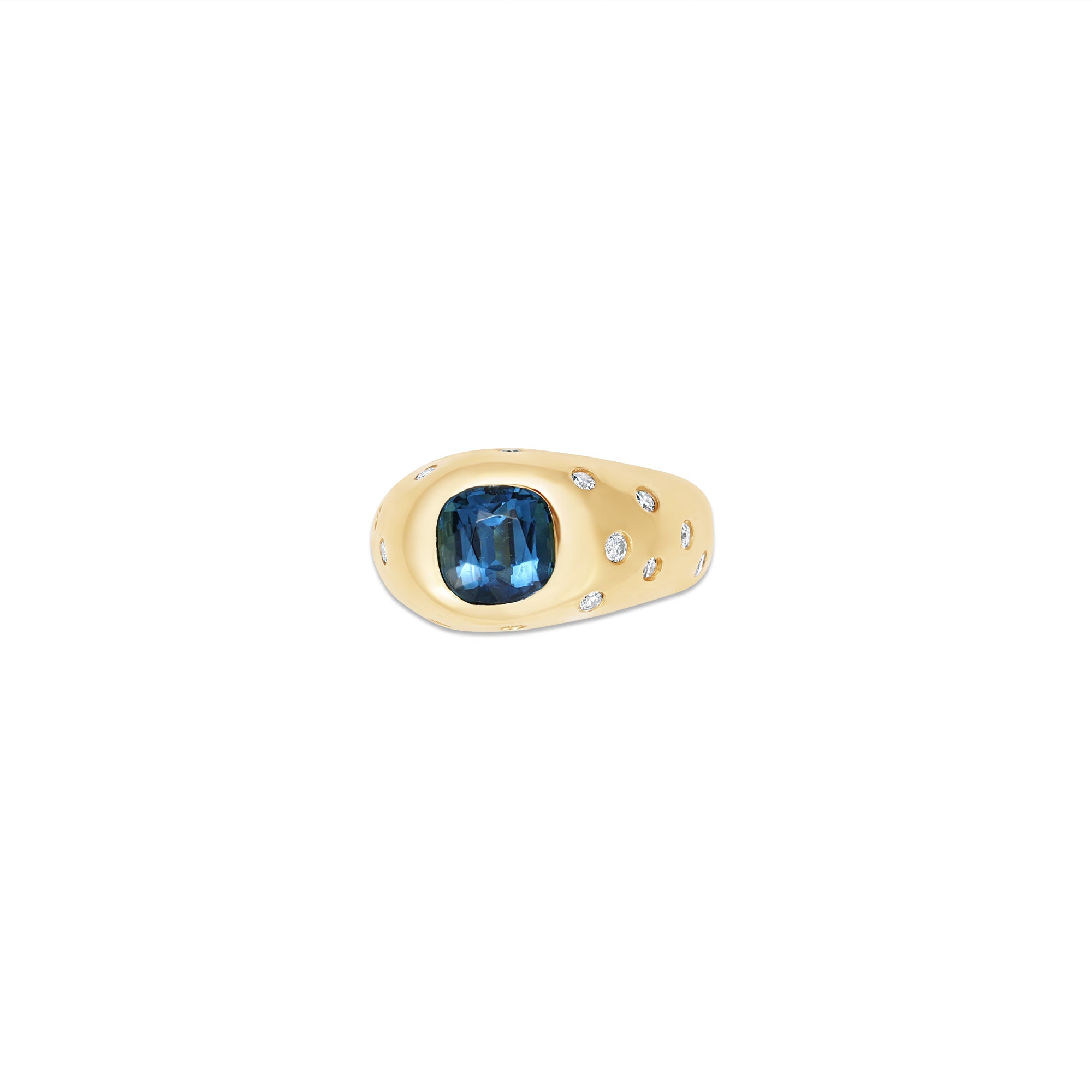 Mesmerizing 18K yellow gold ring featuring a vivid blue indicolite gemstone accented with a scattered spray of sparkling diamonds, offering timeless elegance and individuality.