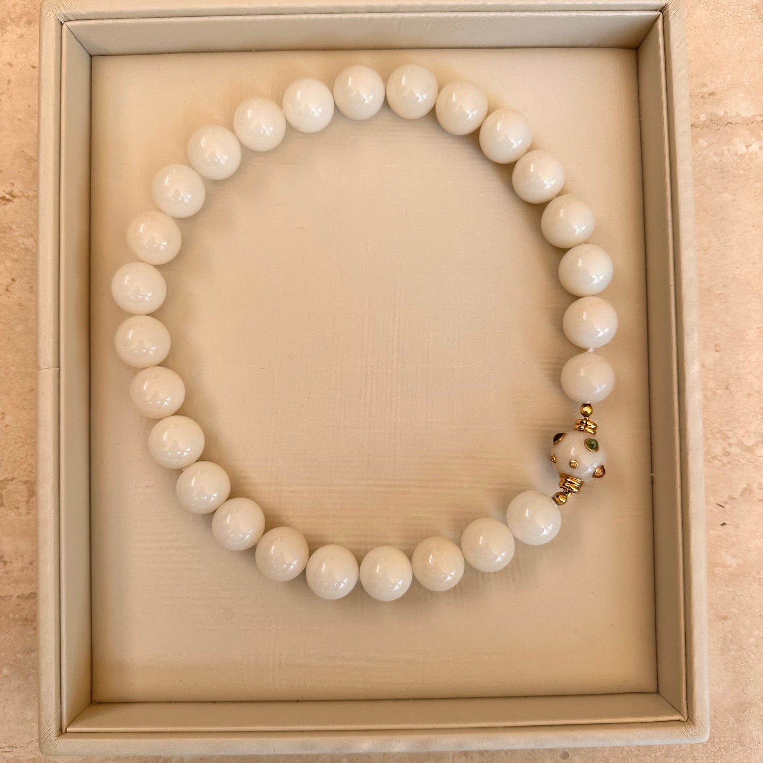 White Jade Beaded Necklace with Amethyst, Citrine, Yellow Diamond and Green Fluorite in 18k Yellow Gold