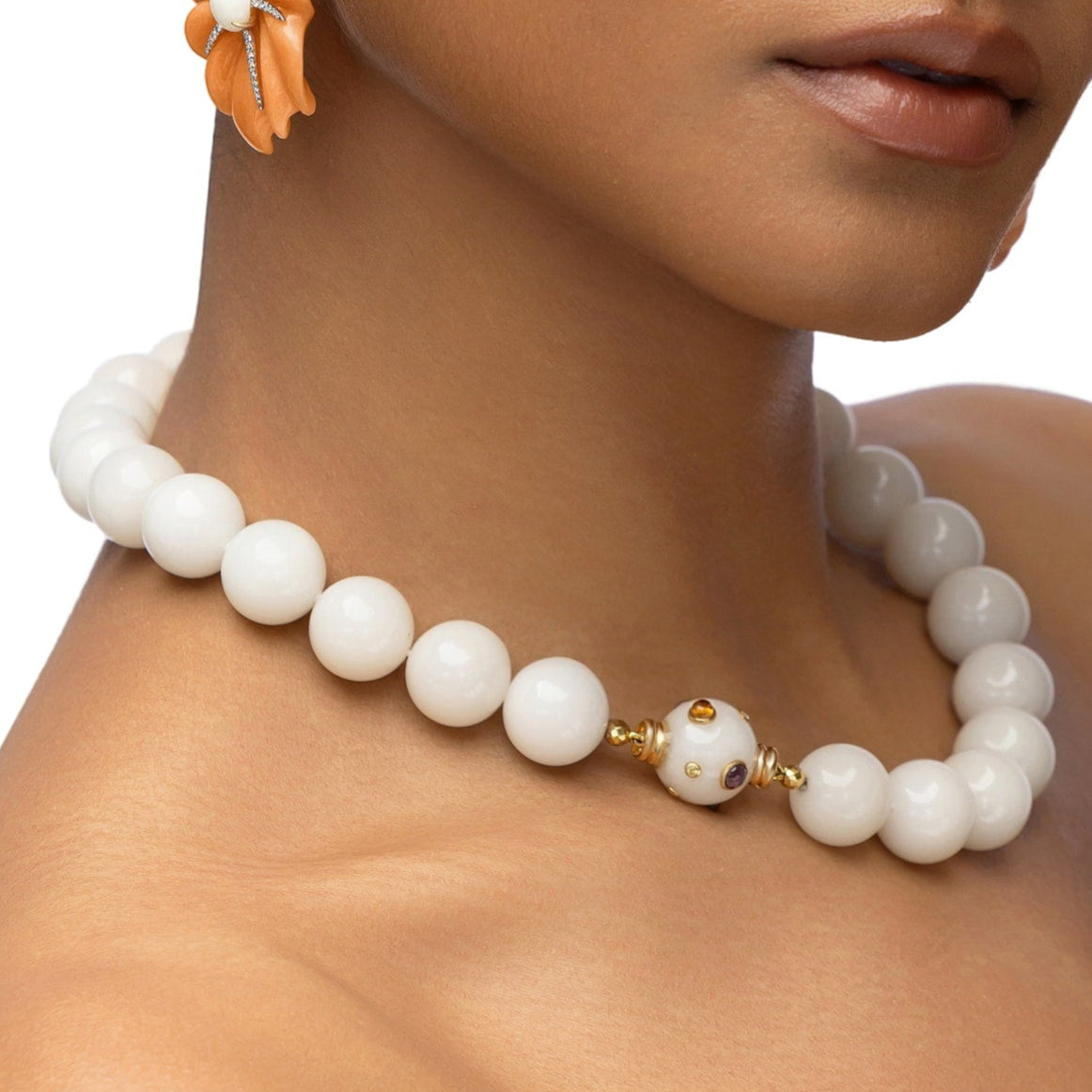 White Jade Beaded Necklace with Amethyst, Citrine, Yellow Diamond and Green Fluorite in 18k Yellow Gold