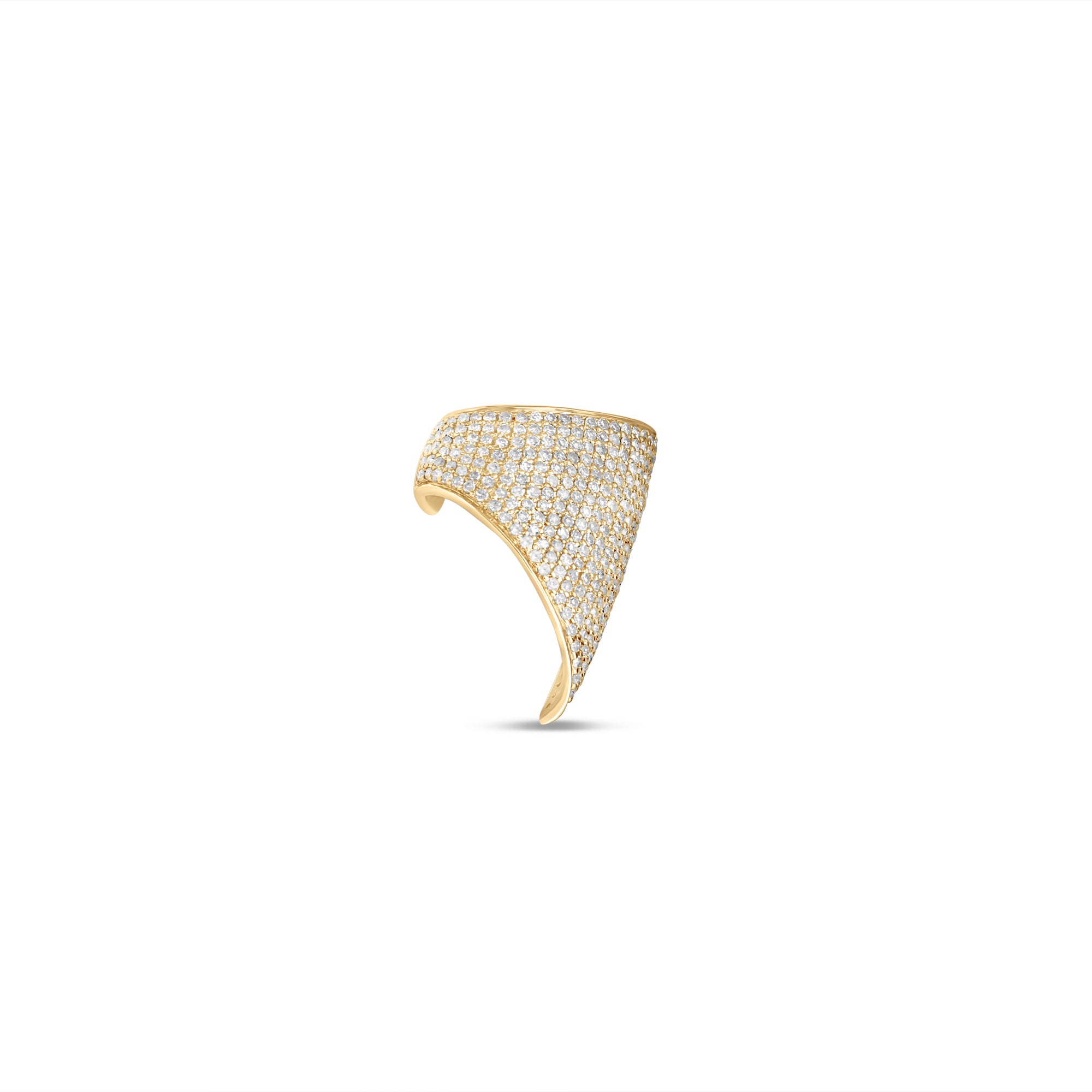 Striking jumbo ear cuff crafted in 14K yellow gold, featuring a bold silhouette adorned with seamless pavé-set glittering diamonds, embodying bold elegance and luxury for any occasion.