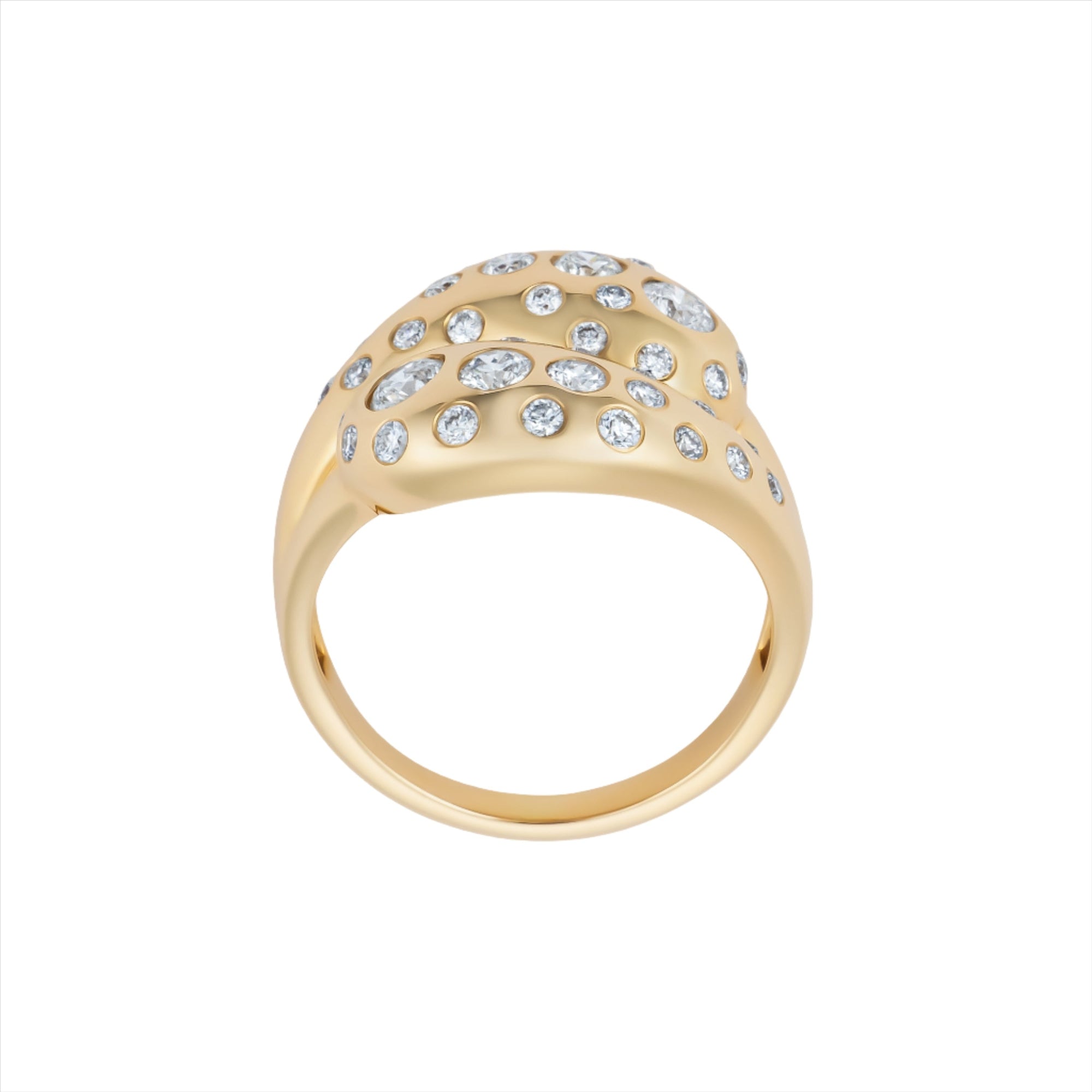 Exquisite 14K yellow gold knot ring featuring a 1.067ct spray of G-H VS diamonds, combining graceful curves with radiant brilliance in a timeless design.