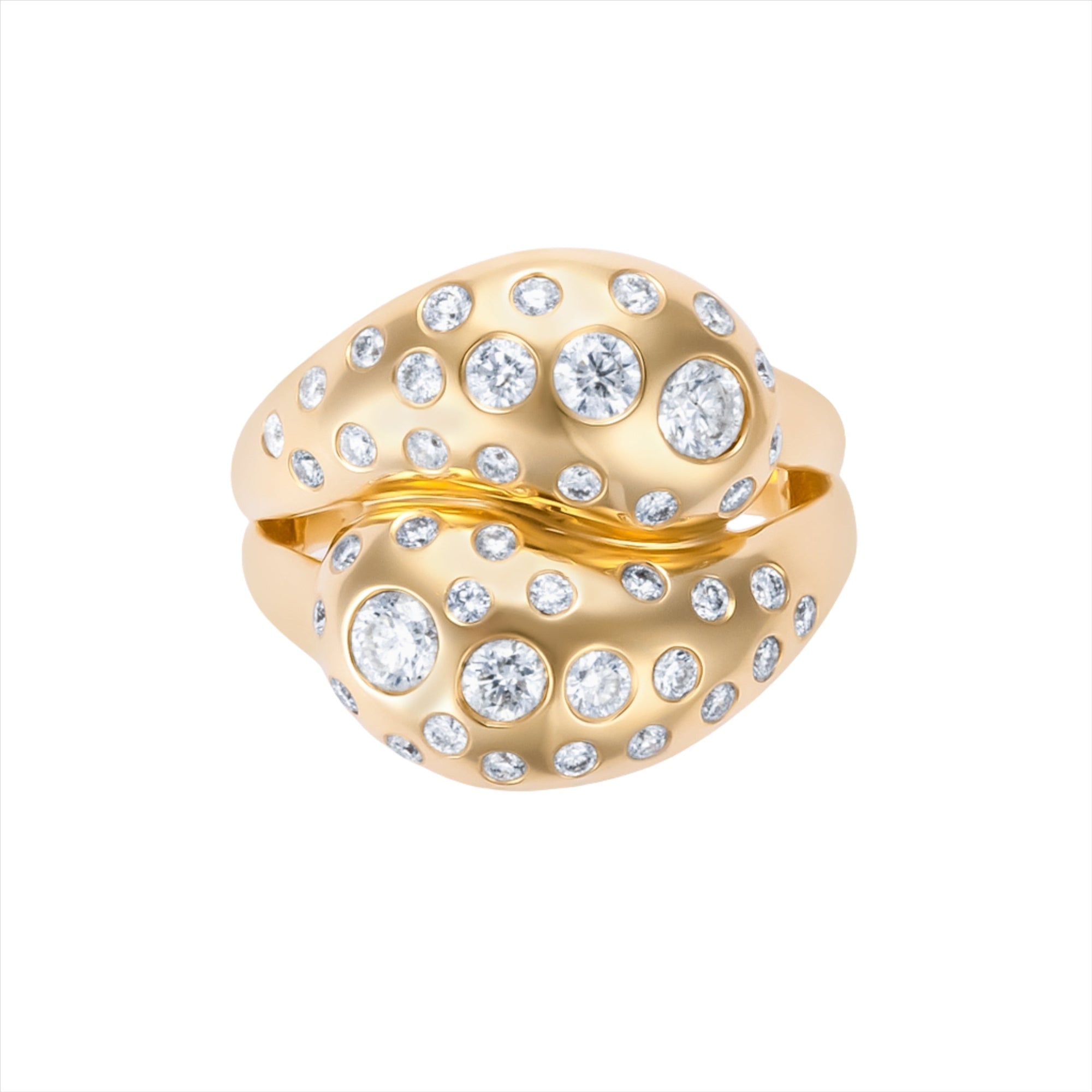 Exquisite 14K yellow gold knot ring featuring a 1.067ct spray of G-H VS diamonds, combining graceful curves with radiant brilliance in a timeless design.