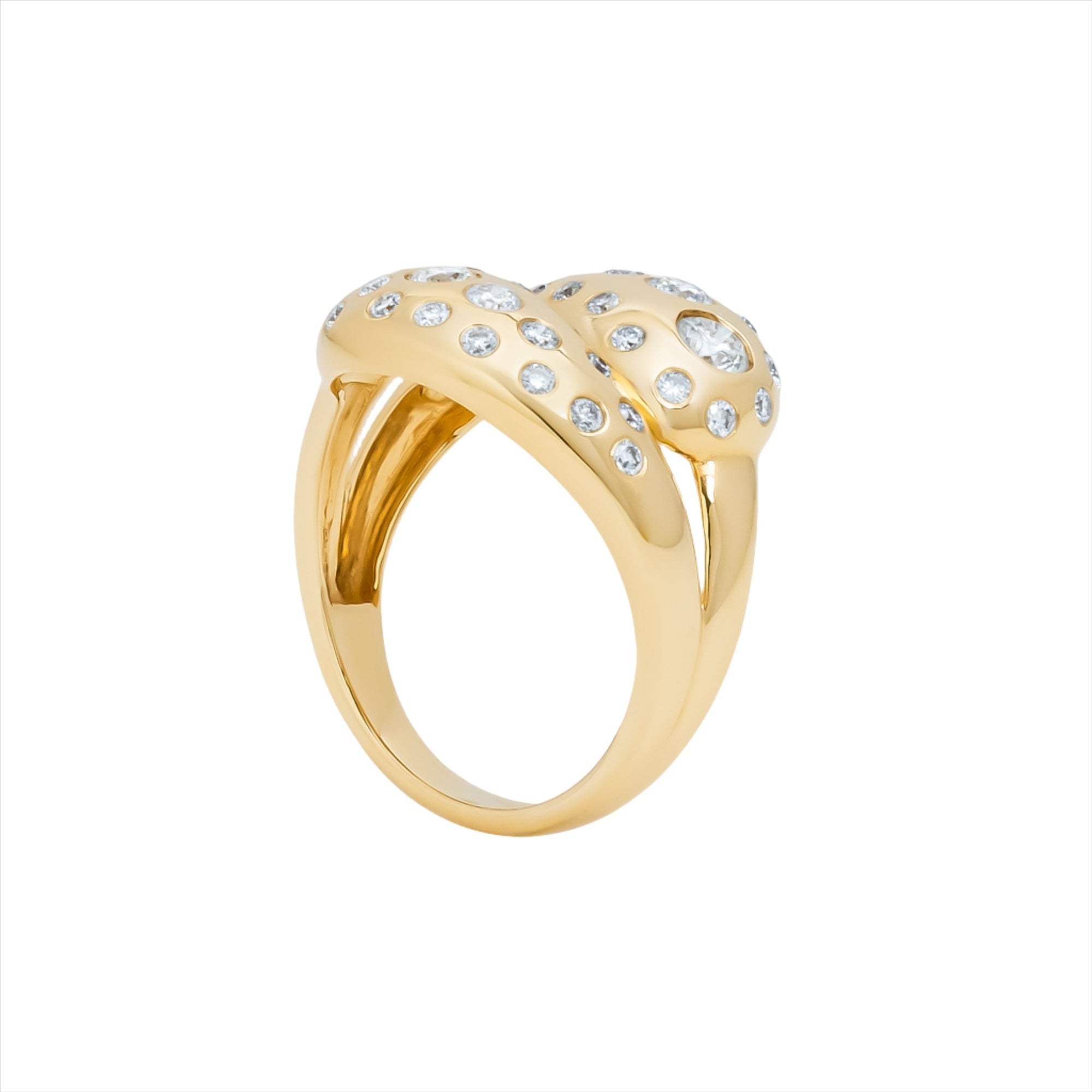 Exquisite 14K yellow gold knot ring featuring a 1.067ct spray of G-H VS diamonds, combining graceful curves with radiant brilliance in a timeless design.
