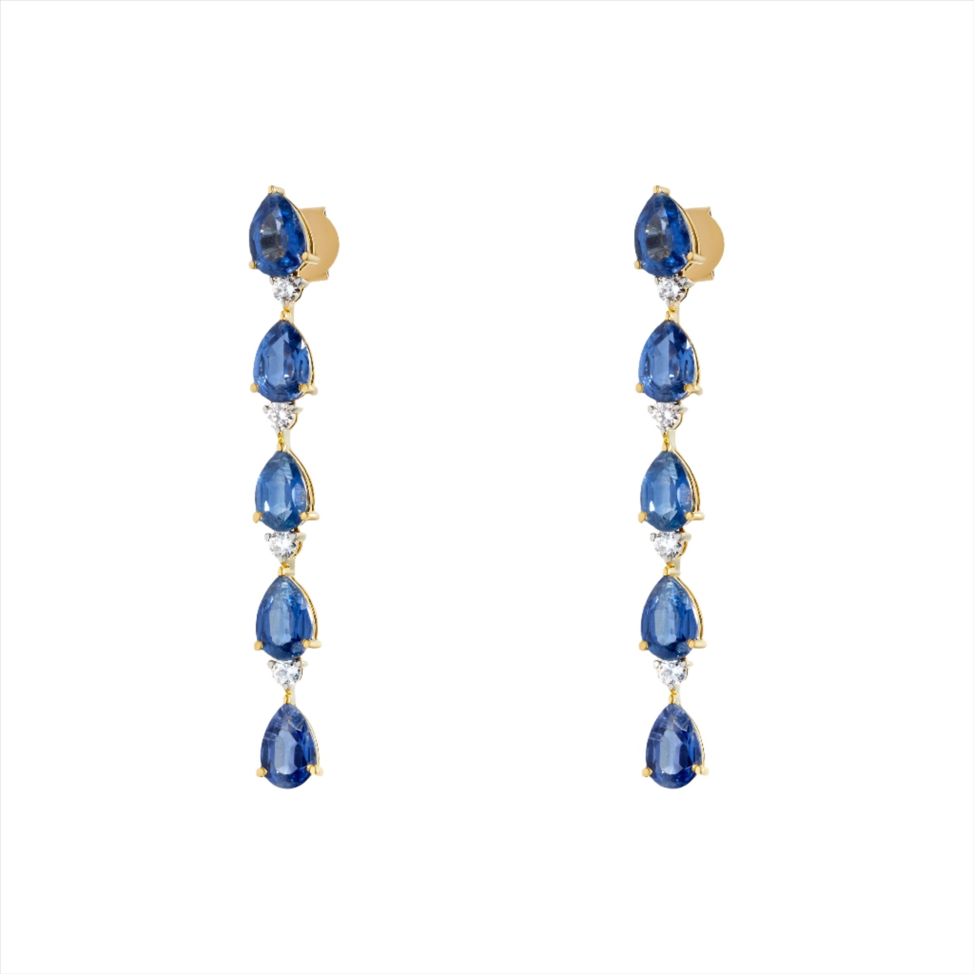 Elegant 14K yellow gold drop earrings featuring a linear design of pear-shaped kyanites totaling 4.96ct, each paired with a prong-set diamond (0.24ct total), for a refined and graceful look.