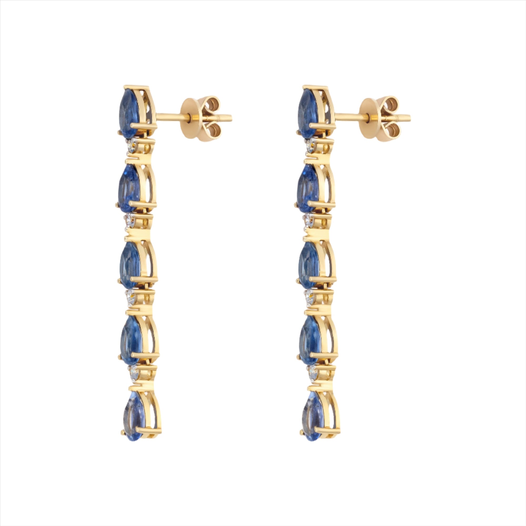 Elegant 14K yellow gold drop earrings featuring a linear design of pear-shaped kyanites totaling 4.96ct, each paired with a prong-set diamond (0.24ct total), for a refined and graceful look.
