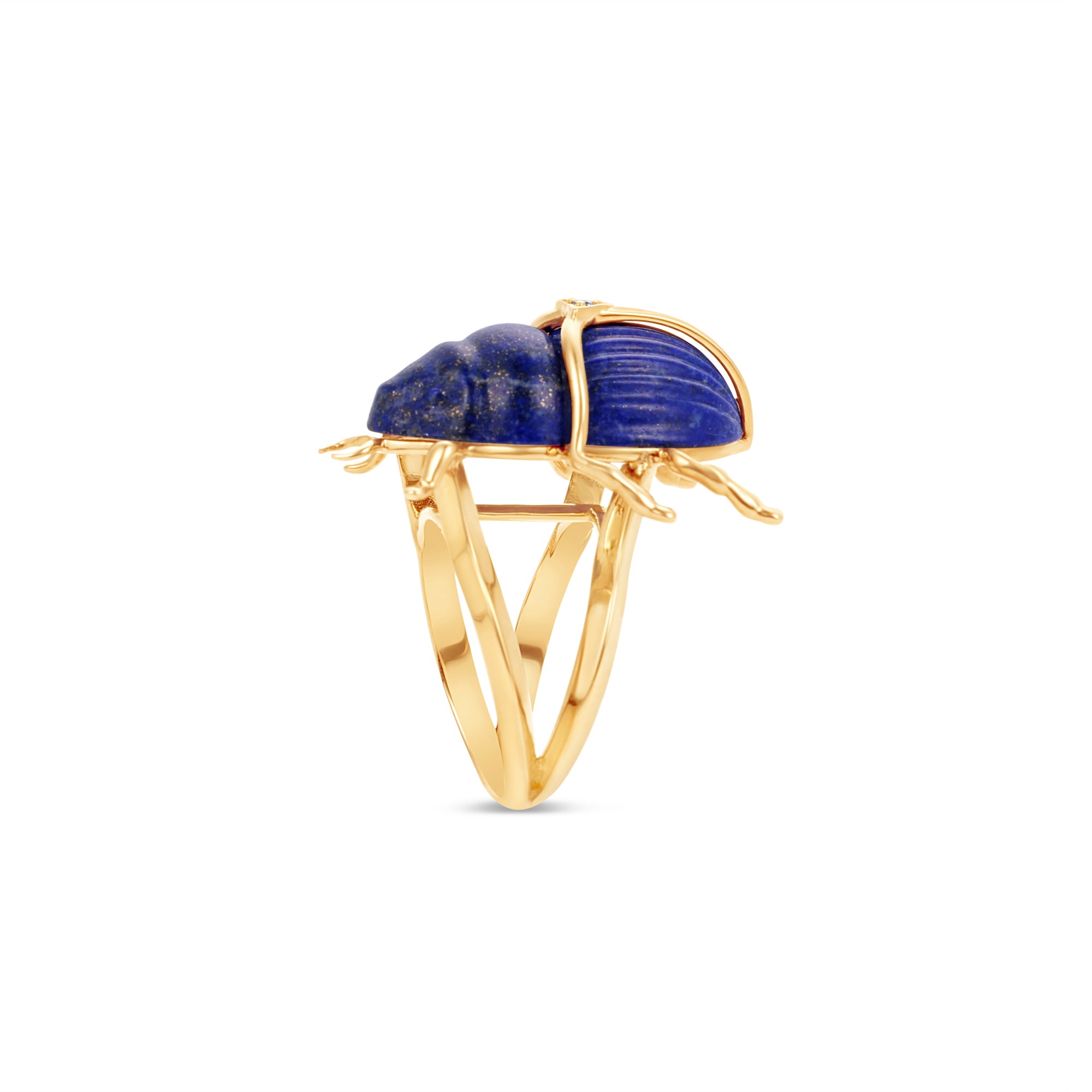 Side angle Lapis Lazulis Scarab Ring with diamond accent