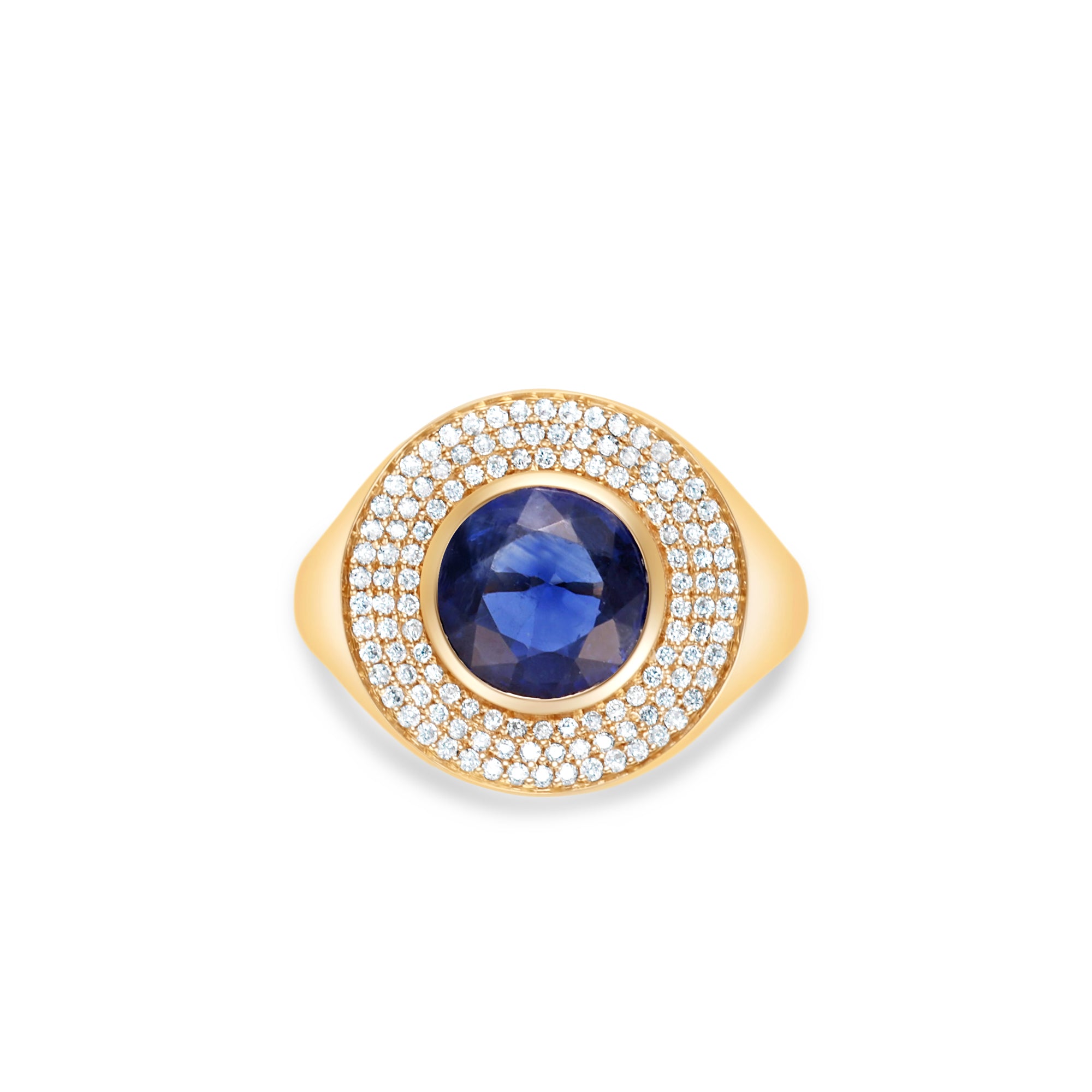 Striking 14K yellow gold chunky signet ring featuring a breathtaking blue sapphire, encircled by a dazzling pavé diamond halo, blending bold elegance with radiant sparkle.