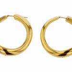 Elegant 14K yellow gold large curved round hoop earrings featuring a stylish silhouette and lightweight design, perfect for everyday wear and timeless sophistication.