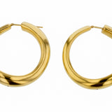Elegant 14K yellow gold large curved round hoop earrings featuring a stylish silhouette and lightweight design, perfect for everyday wear and timeless sophistication.