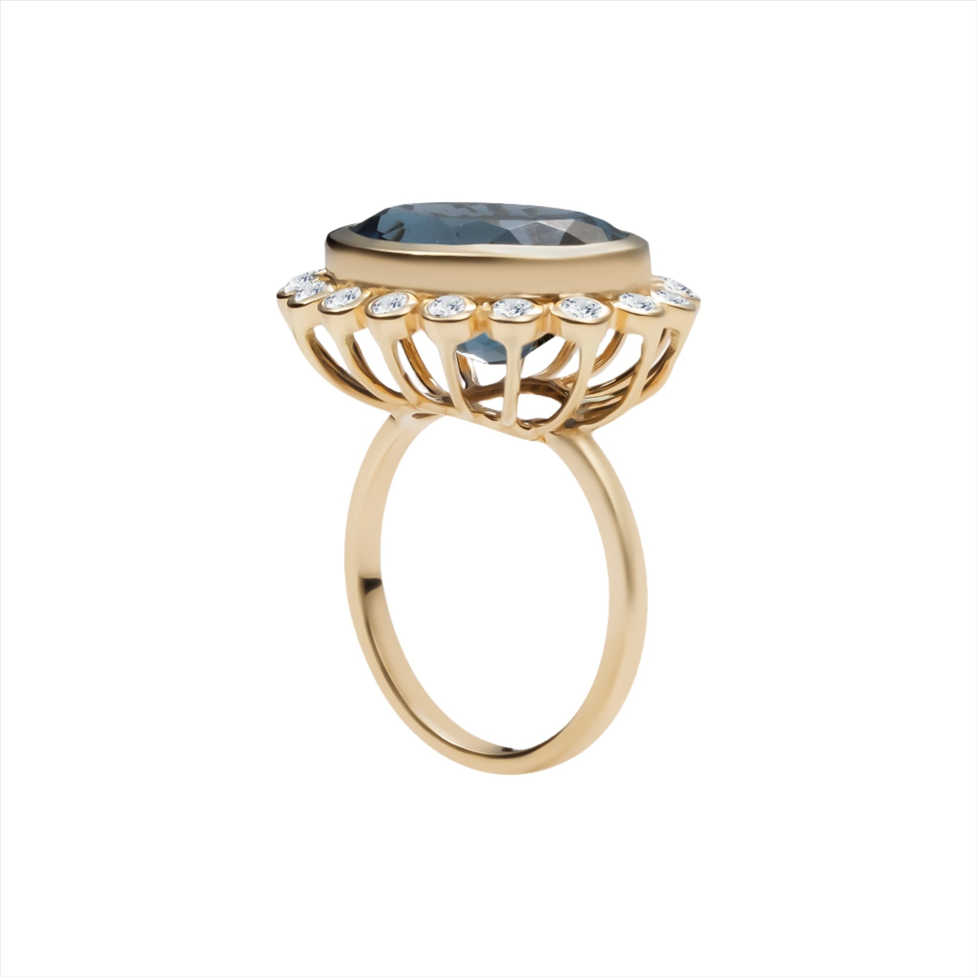 Elegant 14K yellow gold cocktail ring featuring a 10.71ct London blue topaz surrounded by a sparkling diamond halo, set in a sophisticated anemone-inspired basket design.