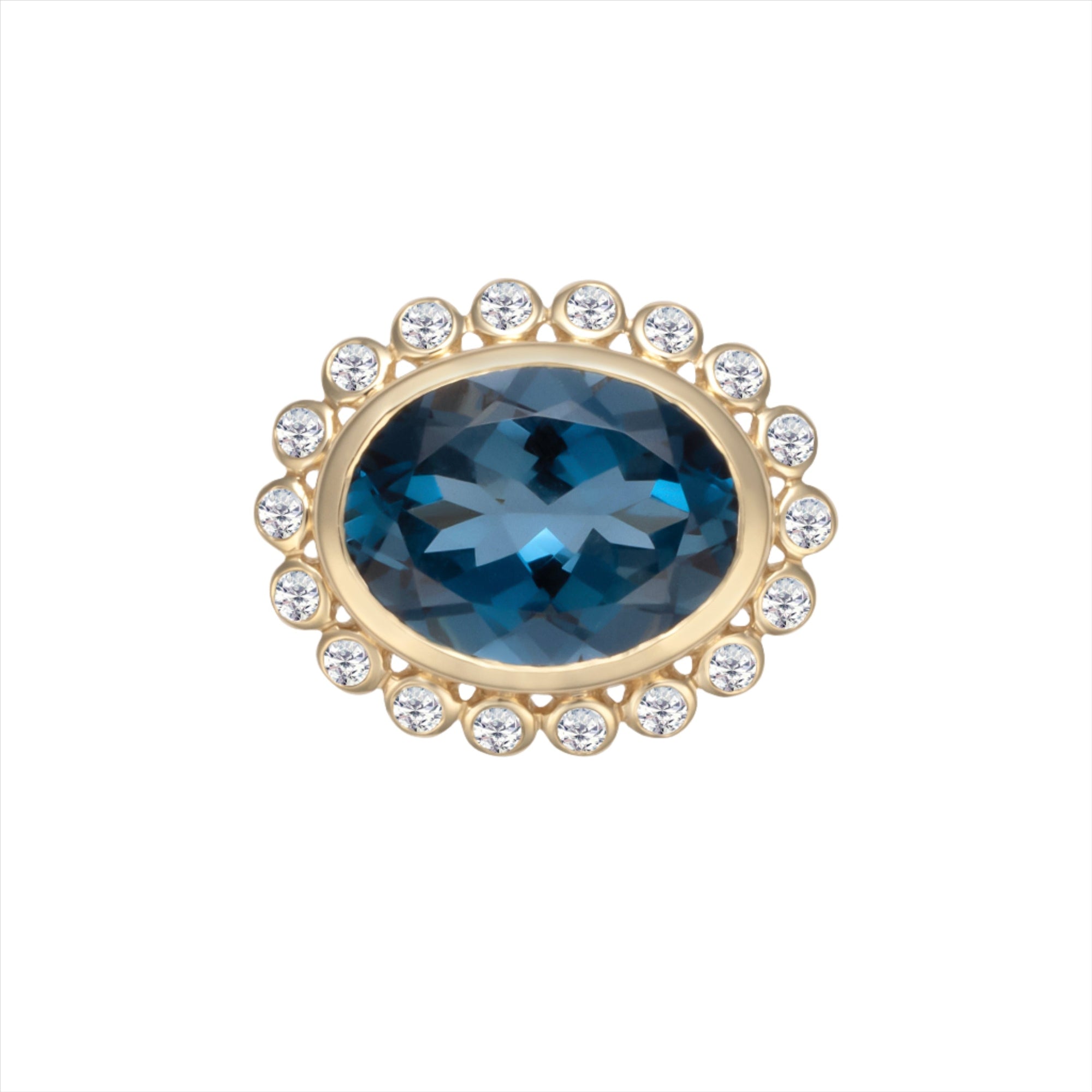 Elegant 14K yellow gold cocktail ring featuring a 10.71ct London blue topaz surrounded by a sparkling diamond halo, set in a sophisticated anemone-inspired basket design.