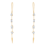 Exquisite 14K yellow gold drop earrings featuring four mixed-shape fancy-cut diamonds—oval, emerald, pear, and heart—totaling 1.03ct, elegantly designed in a 2.15-inch linear silhouette.