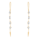 Exquisite 14K yellow gold drop earrings featuring four mixed-shape fancy-cut diamonds—oval, emerald, pear, and heart—totaling 1.03ct, elegantly designed in a 2.15-inch linear silhouette.