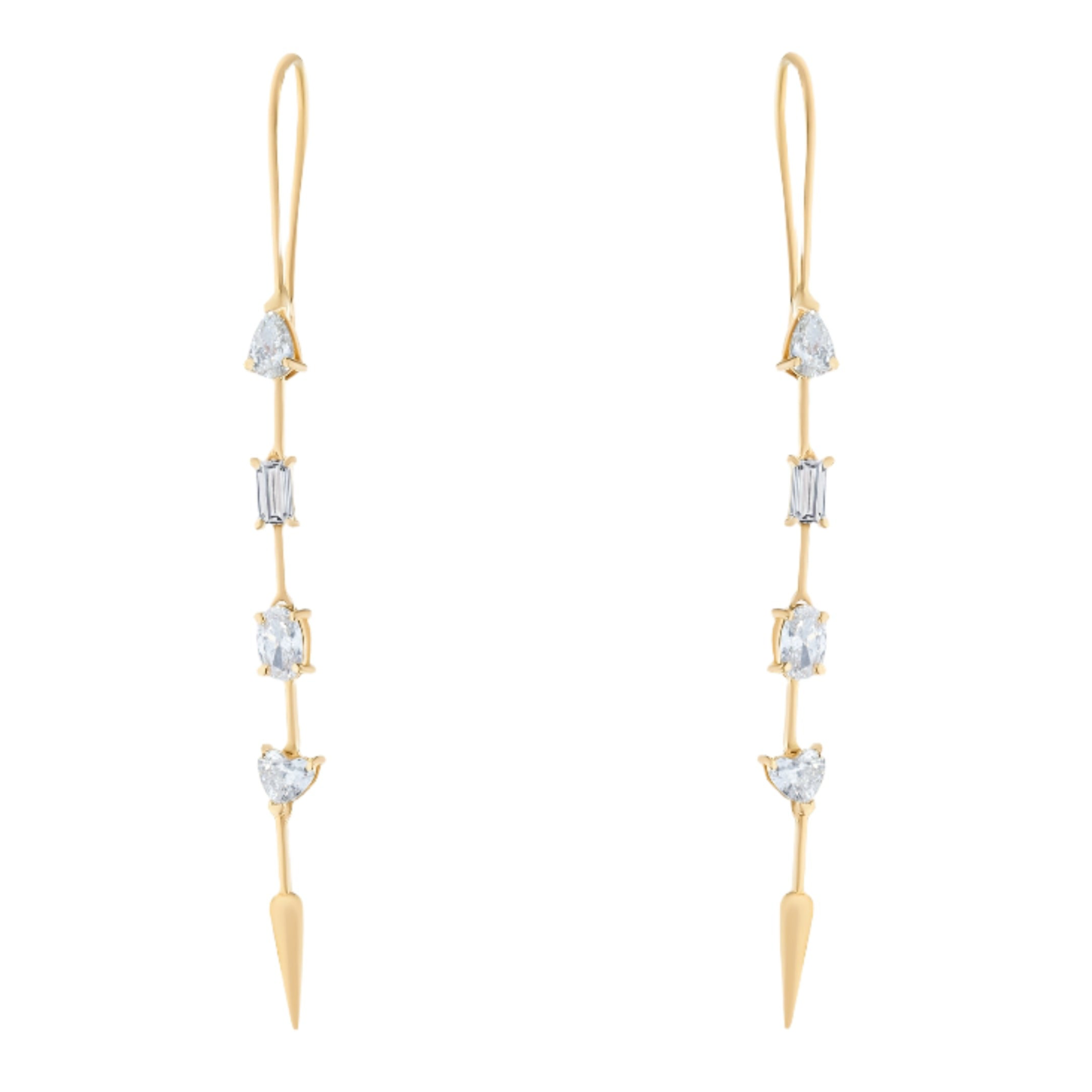 Exquisite 14K yellow gold drop earrings featuring four mixed-shape fancy-cut diamonds—oval, emerald, pear, and heart—totaling 1.03ct, elegantly designed in a 2.15-inch linear silhouette.