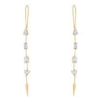 Exquisite 14K yellow gold drop earrings featuring four mixed-shape fancy-cut diamonds—oval, emerald, pear, and heart—totaling 1.03ct, elegantly designed in a 2.15-inch linear silhouette.