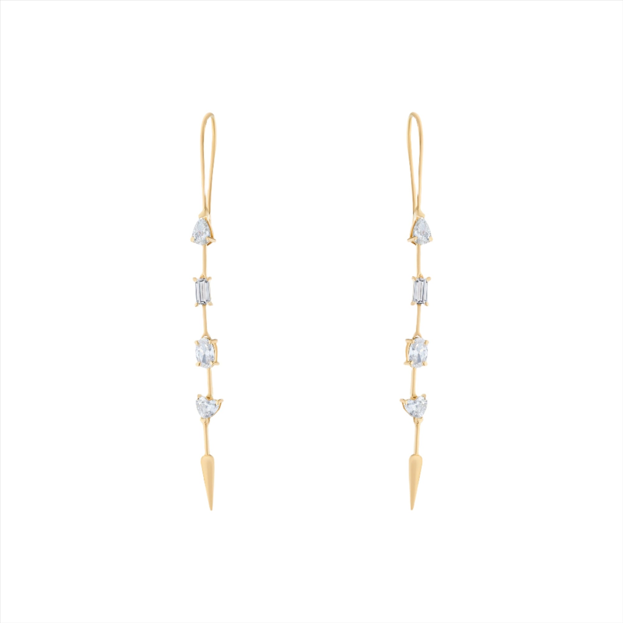 Exquisite 14K yellow gold drop earrings featuring four mixed-shape fancy-cut diamonds—oval, emerald, pear, and heart—totaling 1.03ct, elegantly designed in a 2.15-inch linear silhouette.