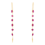 Refined 14K yellow gold linear drop earrings featuring six fancy-cut rubies in oval, princess, emerald, pear, solitaire, and marquis shapes, totaling 1.03ct and measuring 2.15 inches in length.