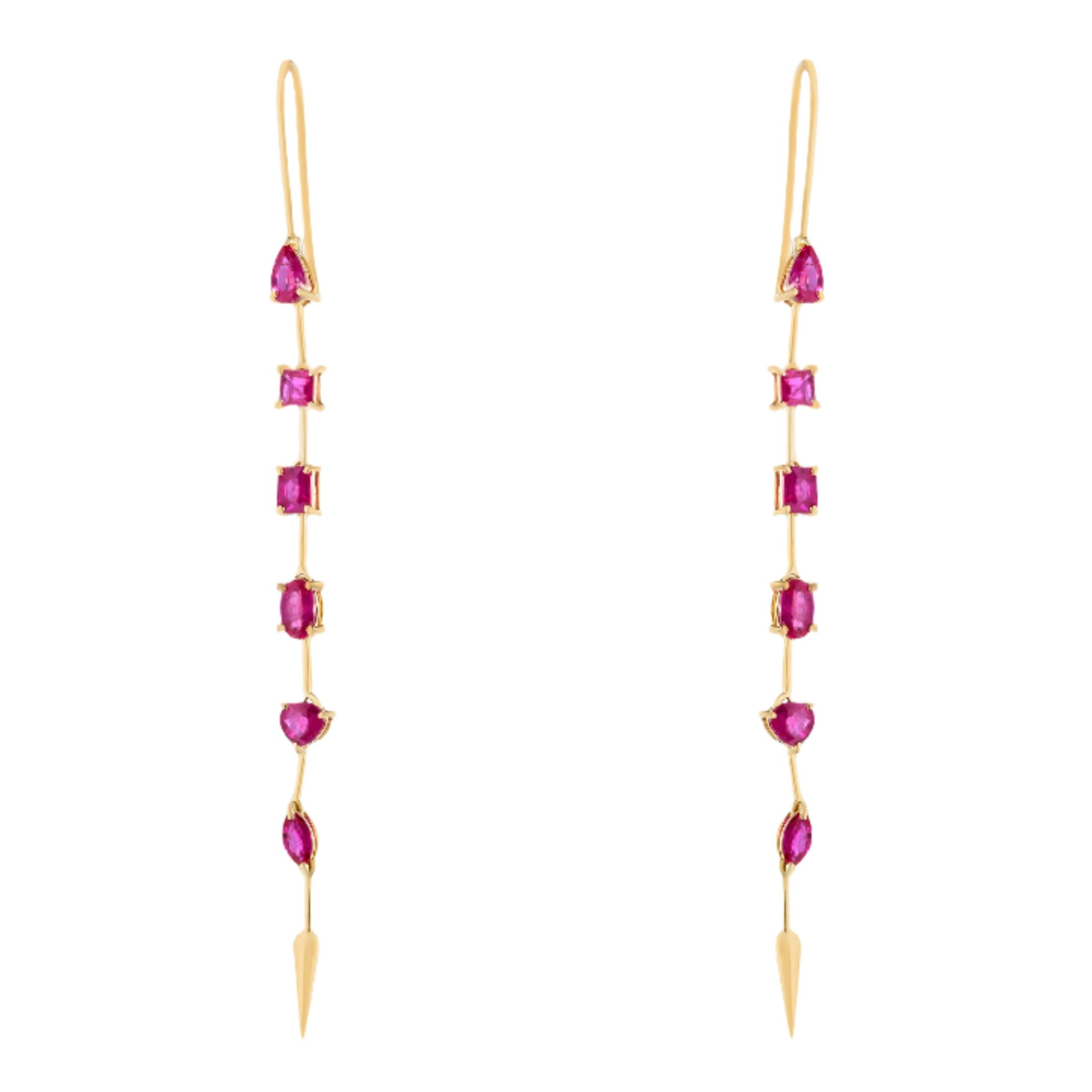 Refined 14K yellow gold linear drop earrings featuring six fancy-cut rubies in oval, princess, emerald, pear, solitaire, and marquis shapes, totaling 1.03ct and measuring 2.15 inches in length.