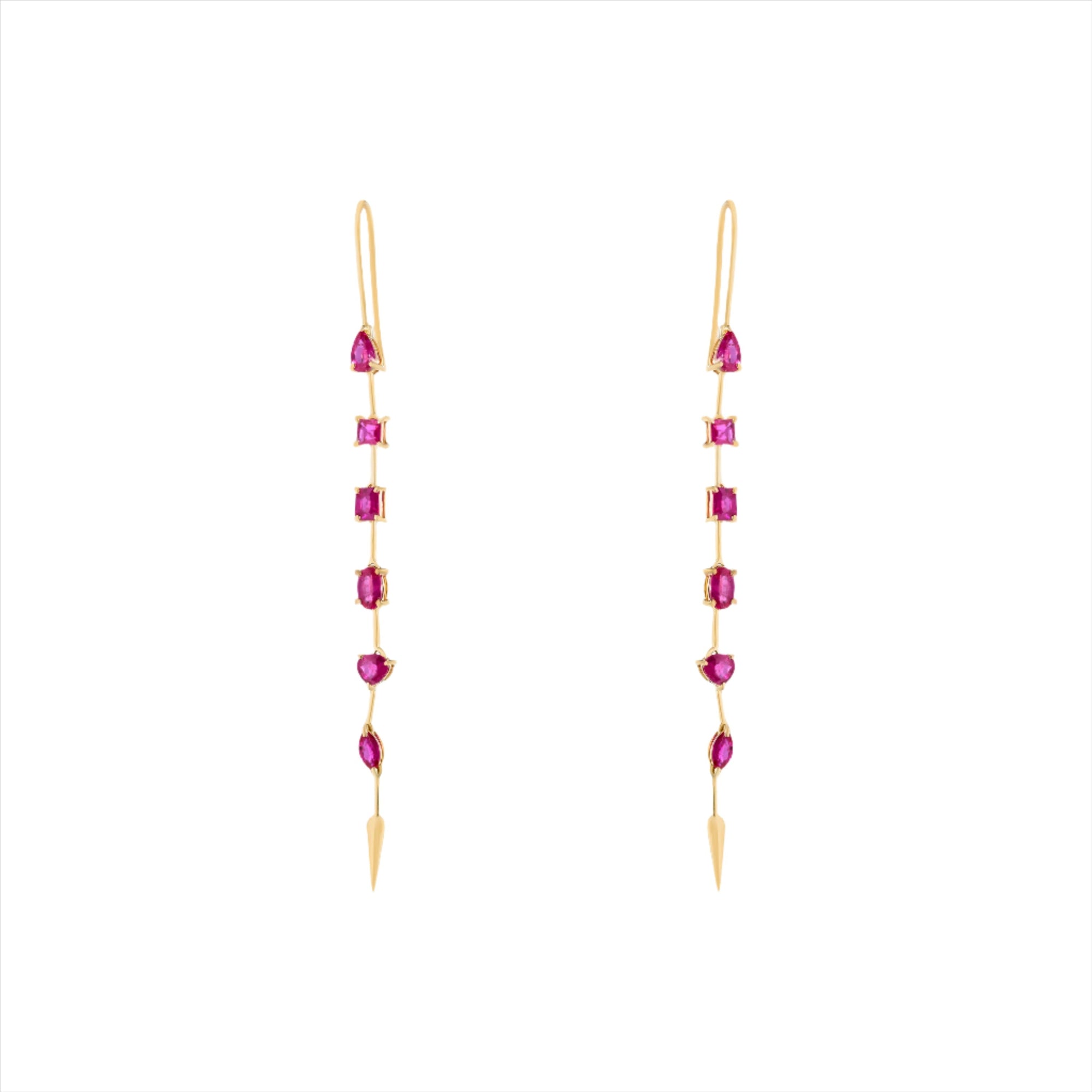Refined 14K yellow gold linear drop earrings featuring six fancy-cut rubies in oval, princess, emerald, pear, solitaire, and marquis shapes, totaling 1.03ct and measuring 2.15 inches in length.