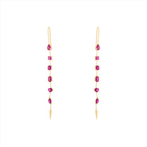 Refined 14K yellow gold linear drop earrings featuring six fancy-cut rubies in oval, princess, emerald, pear, solitaire, and marquis shapes, totaling 1.03ct and measuring 2.15 inches in length.